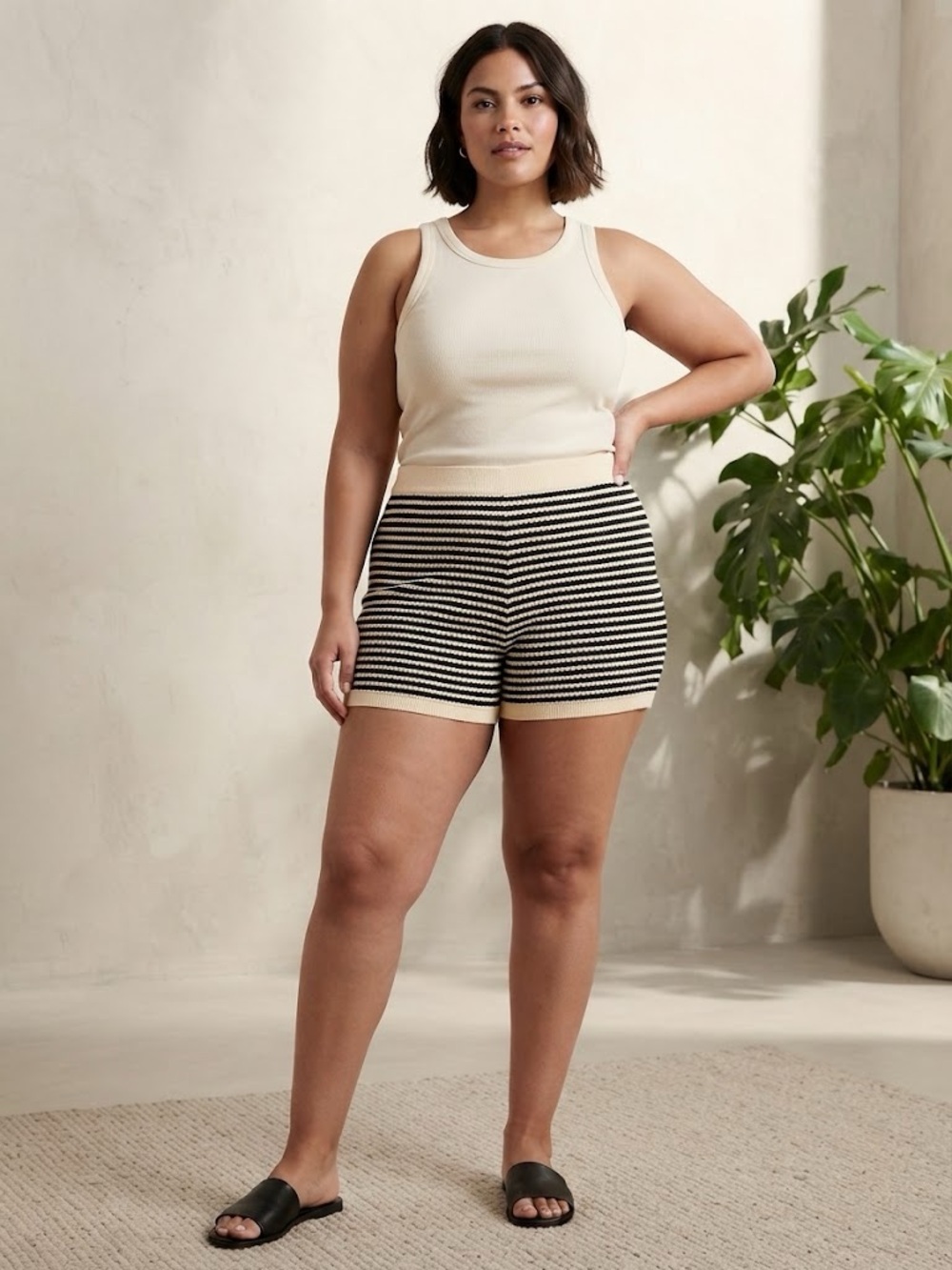 white birch Black and Cream Striped Knit Bike Shorts